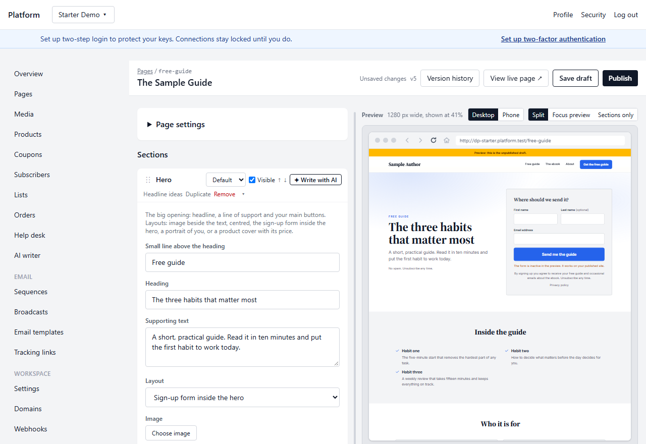 The page editor with its live preview